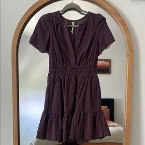Anthropologie Purple Pleated corduroy dress with Flutter Sleeves